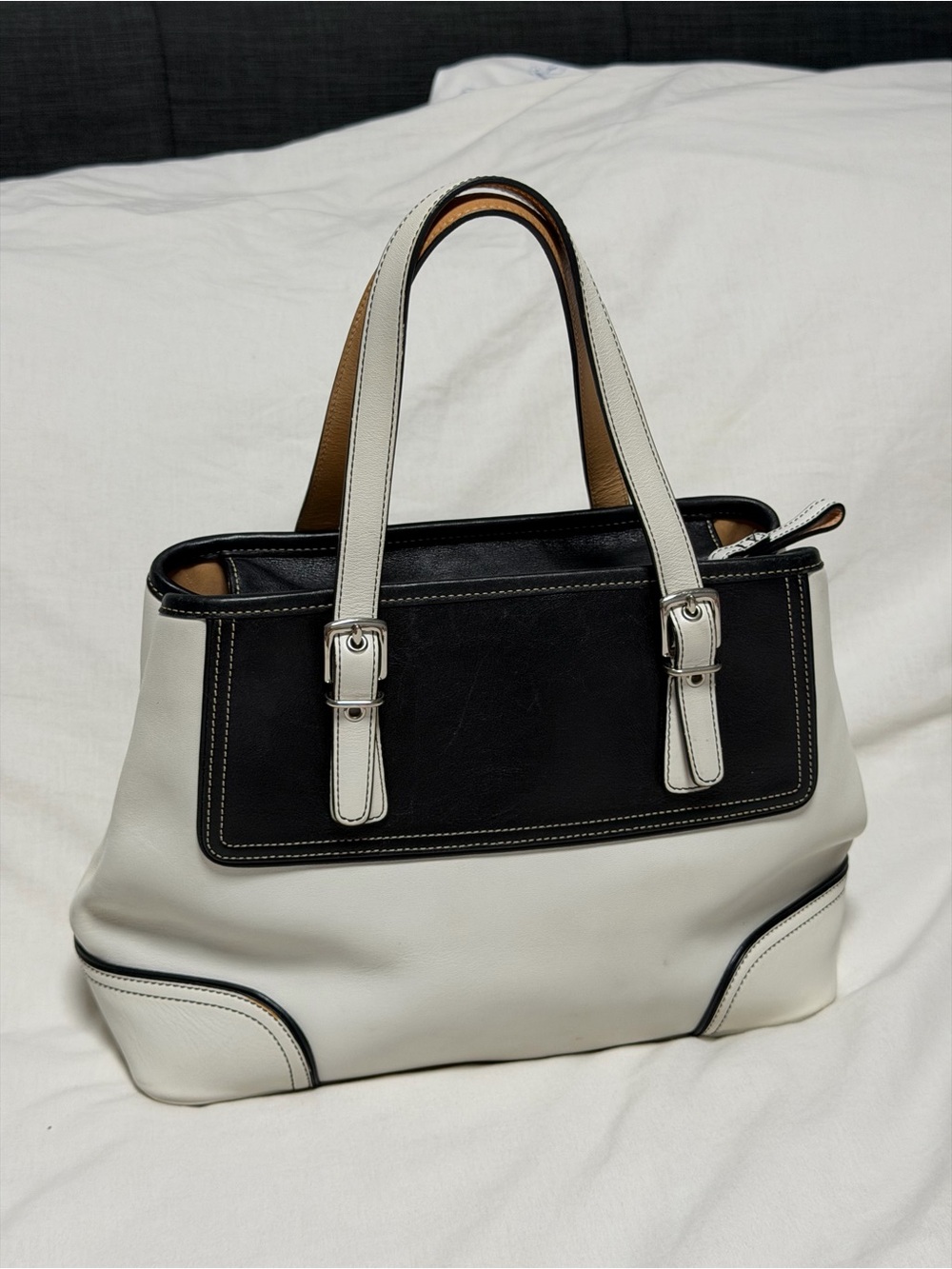 Classic Two-Tone White and Black Leather Tote